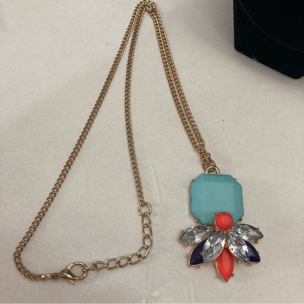 Flying Insect Gold Tone Pendant and Chain. Navy Blue, Coral, Teal and Clear